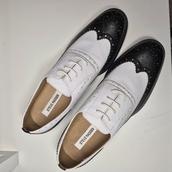 Steve Madden Men's 7.5 Black White Wingtip Oxford Shoes Spectator Brogue Size - Picture 3 of 8